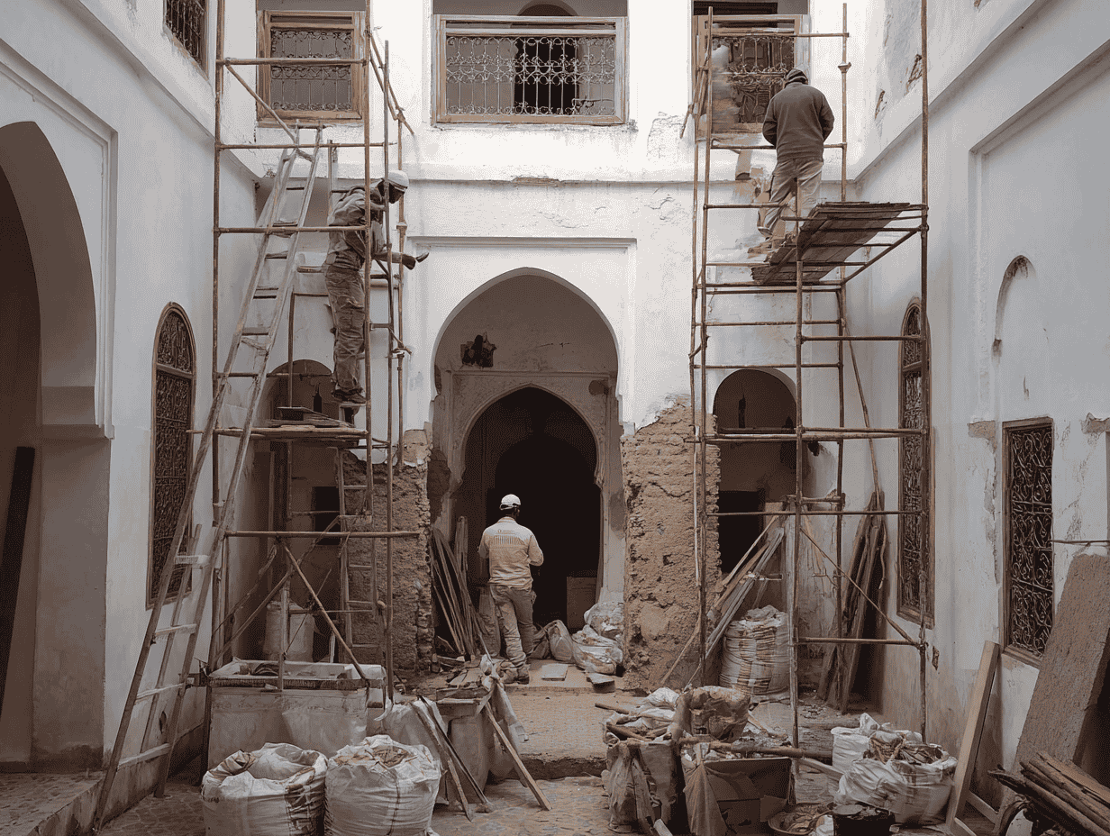 Rénovation complète d’un riad traditionnel à Marrakech Vue du patio central d’un riad rénové à Marrakech avec piscine, marbre et végétation luxuriante, illustrant une transformation complète après travaux.