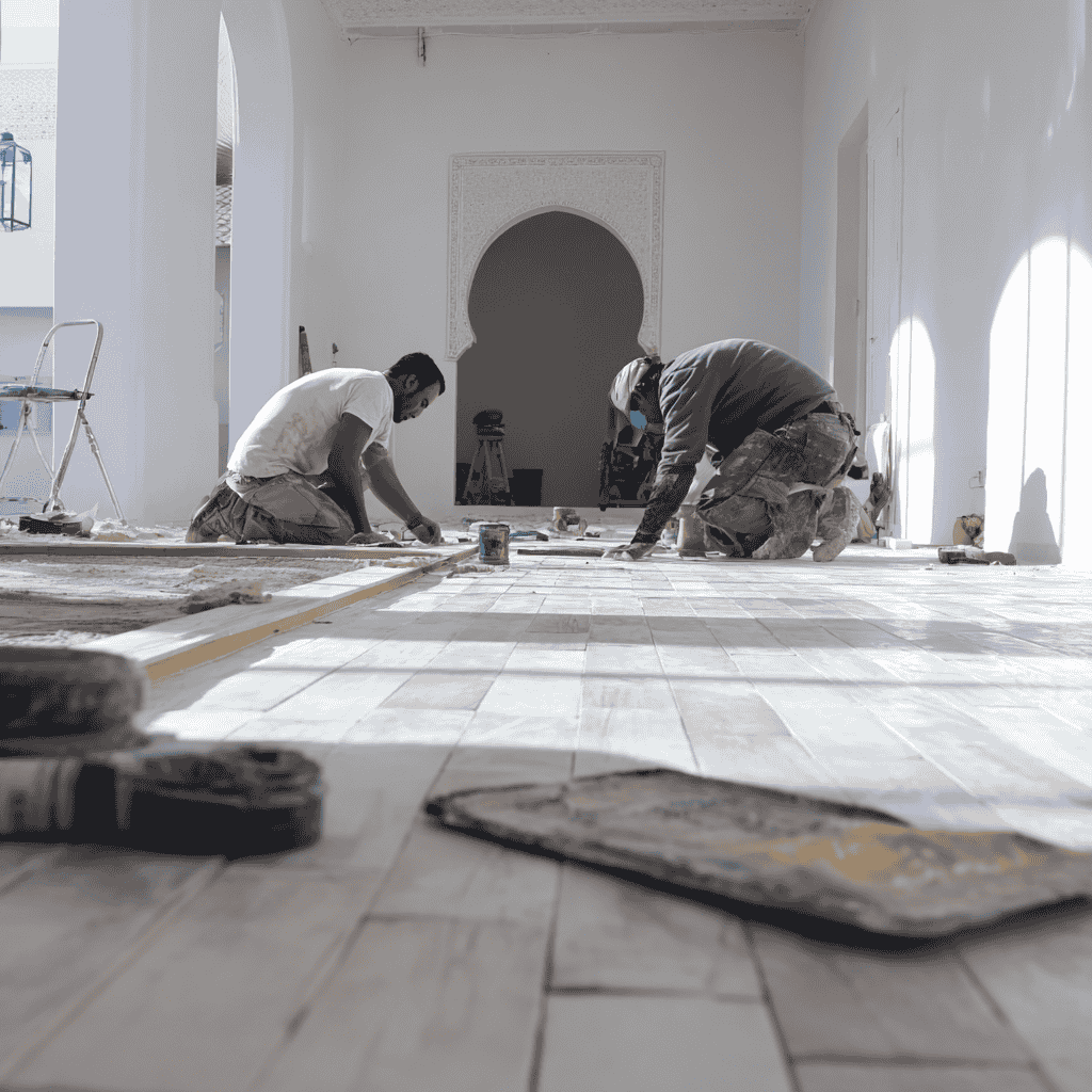 un riad traditionnel marocain en pleine rénovation à Marrakech. Deux ouvriers travaillent en hauteur sur un échafaudage dans le patio du riad. L’image met en valeur l’architecture authentique, les arches, et les murs blanchis typiques, idéale pour illustrer des projets de restauration, de design marocain ou d’investissement immobilier au Maroc. Des ouvriers restaurent les murs d’un riad ancien à Marrakech, dans un patio propre avec des éléments architecturaux marocains.