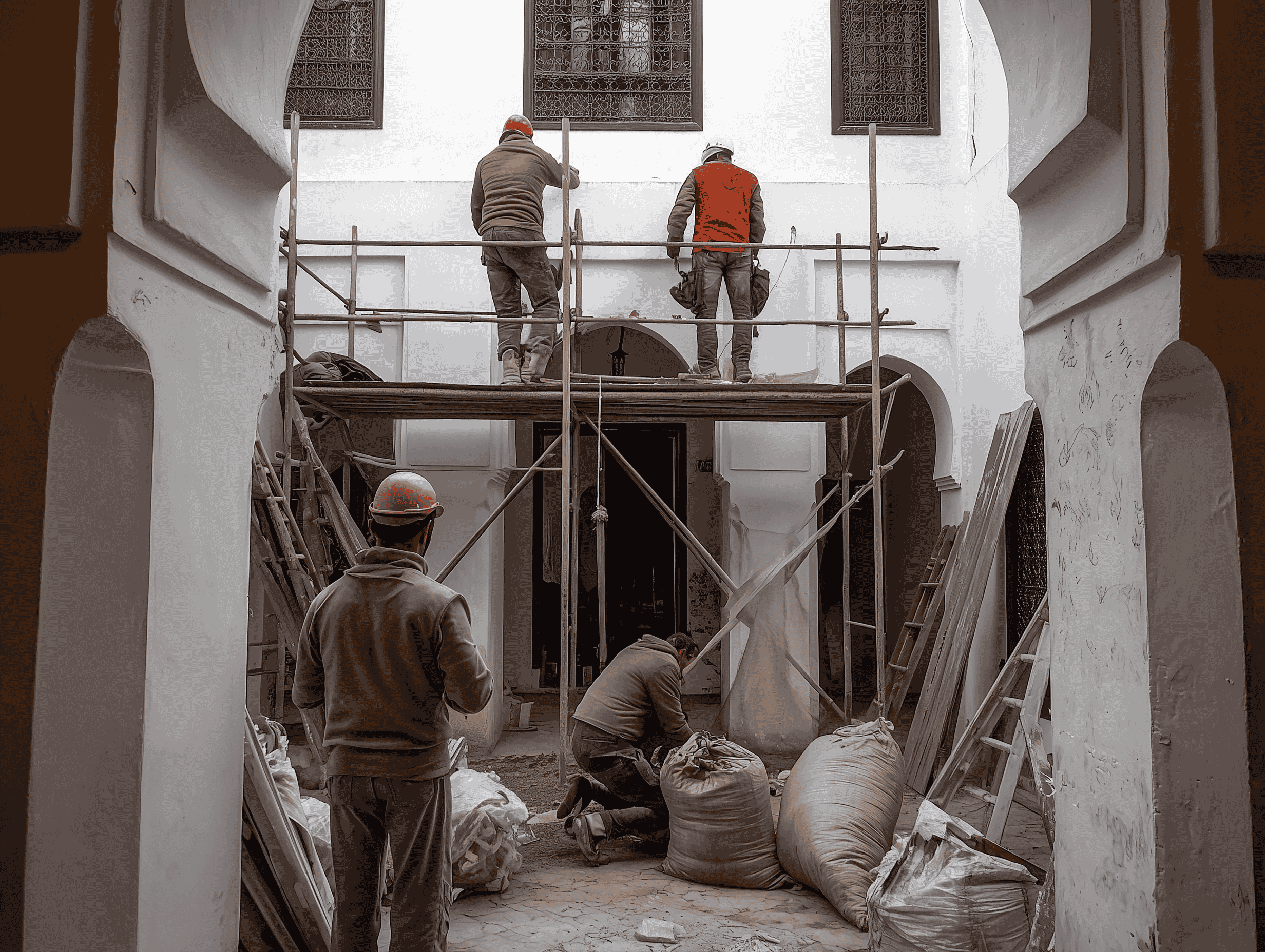 Riad marocain en rénovation - Travaux au patio Travaux de rénovation dans le patio d’un riad traditionnel marocain à Marrakech avec échafaudage et ouvriers.