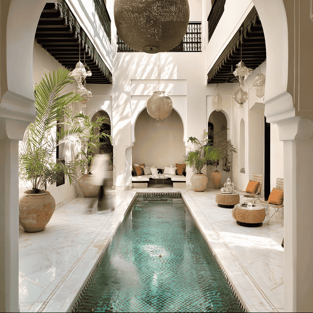 Photo réaliste d’un riad traditionnel marocain en pleine rénovation à Marrakech. Deux ouvriers travaillent en hauteur sur un échafaudage dans le patio du riad. L’image met en valeur l’architecture authentique, les arches, et les murs blanchis typiques, idéale pour illustrer des projets de restauration, de design marocain ou d’investissement immobilier au Maroc. Des ouvriers restaurent les murs d’un riad ancien à Marrakech, dans un patio propre avec des éléments architecturaux marocains.