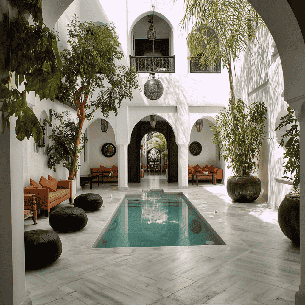 Rénovation complète d’un riad traditionnel à Marrakech Vue du patio central d’un riad rénové à Marrakech avec piscine, marbre et végétation luxuriante, illustrant une transformation complète après travaux.