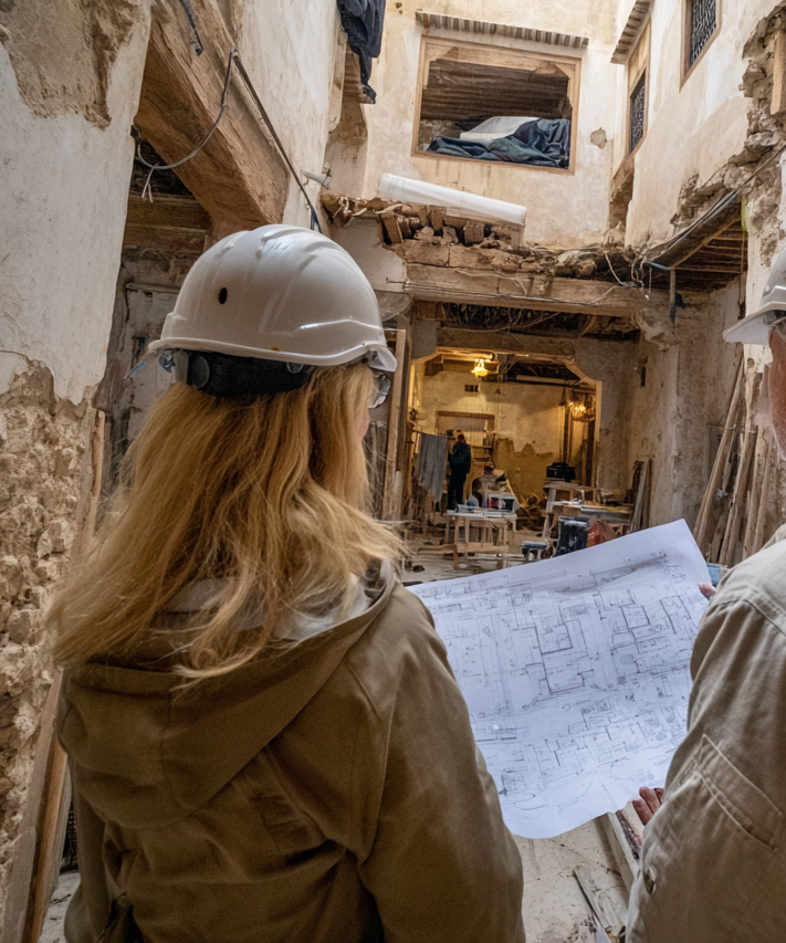chantier-renovation-riad-marrakech-analyse-structurelle.jpg<br />
🖼️ ALT (balise alt – essentielle)<br />
Analyse structurelle lors de travaux de rénovation d’un riad à Marrakech